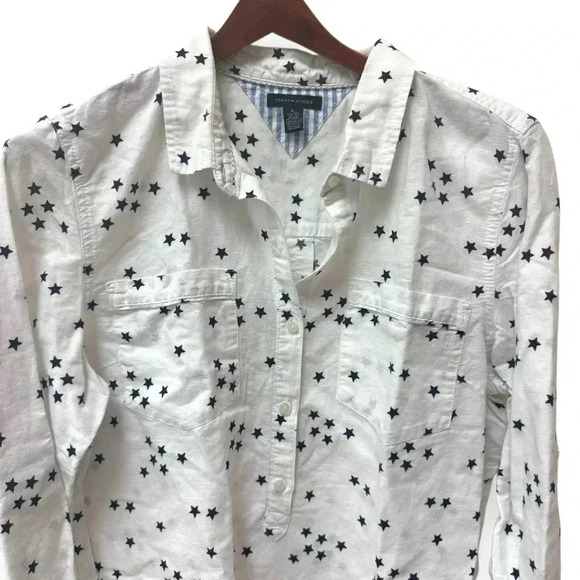 Tommy Hilfiger white Long Roll Tab Sleeve Collared Button Up Blue Stars XL EUC - Picture 1 of 10